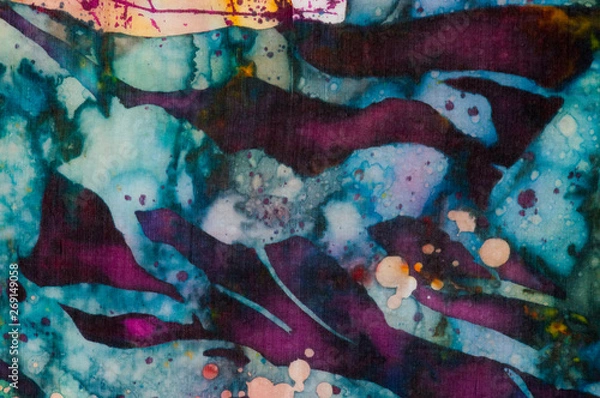 Obraz Colorful abstraction, fragment, hot batik, handmade abstract surrealism art on silk, background texture