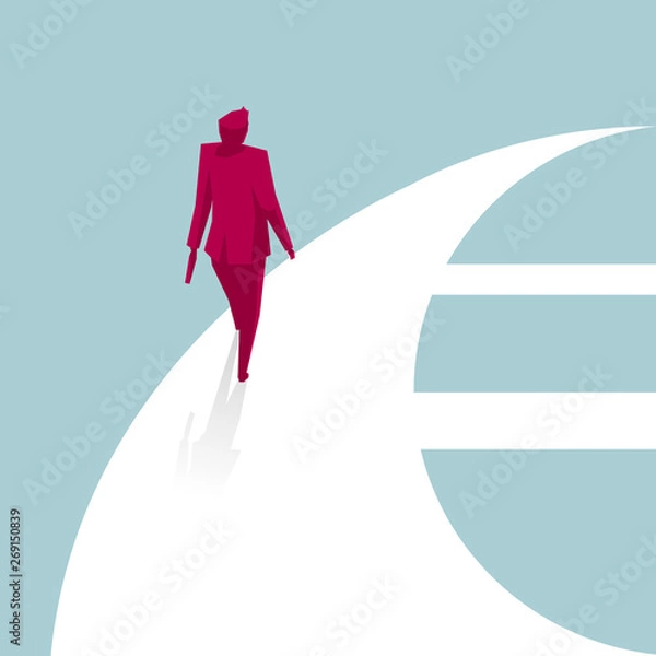 Obraz Businessman walking from euro symbol. Isolated on blue background.