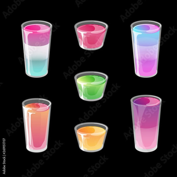 Fototapeta Set of cocktail jelly shots. Bright multicolored gradient jelly in glossy cartoon style. Vector illustration isolated on black background.
