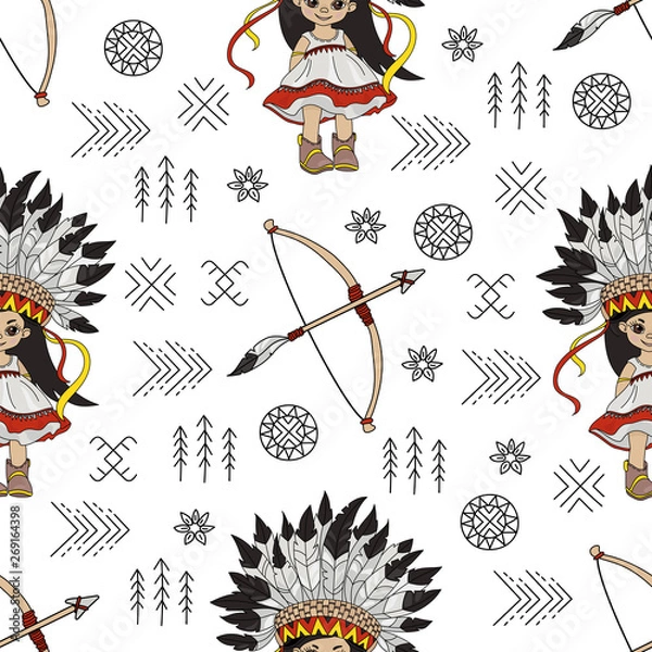Obraz POCAHONTAS ARROW American Native Folk Ethnic Culture Seamless Pattern Vector Illustration for Print Fabric and Digital Paper