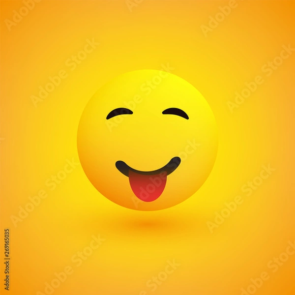 Fototapeta Smiling Emoji Face With Tongue - Simple Happy Emoticon on Yellow Background - Vector Design Illustration 