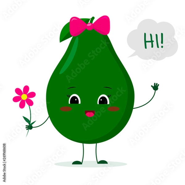 Obraz Kawaii cute avocado fruit cartoon character with a pink bow holding a flower and welcomes. Logo, template, design. Vector illustration, a flat style