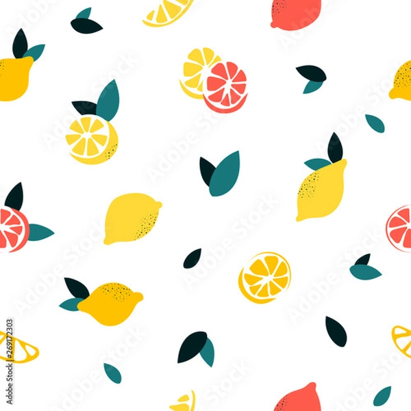 Obraz Seamless background with lemmons on white. Vector fruit pattern. - Vector