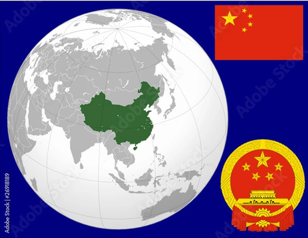 Fototapeta China globe map locator world flag coat
