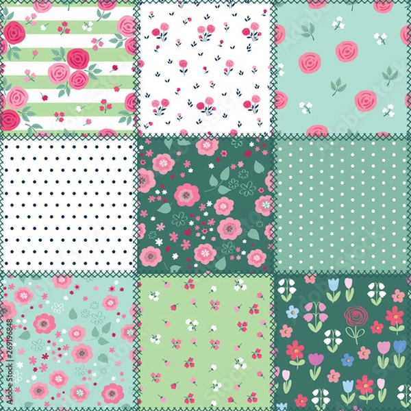 Fototapeta Summer patchwork background with different flowers patterns for textile, gift wrap and scrapbook. Vector illustration.