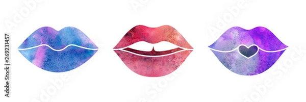Fototapeta Set of watercolor lips with bright makeup. Isolated on white.