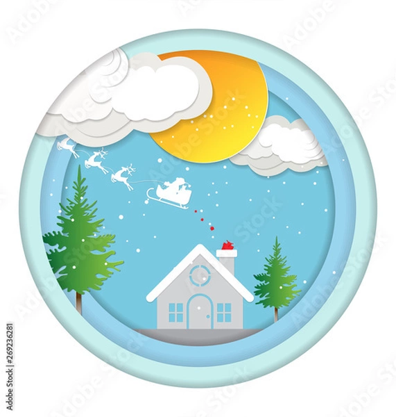 Fototapeta Vector illustration of winter season and Christmas day Santa Claus and deer on sky with snow.vector paper art style.