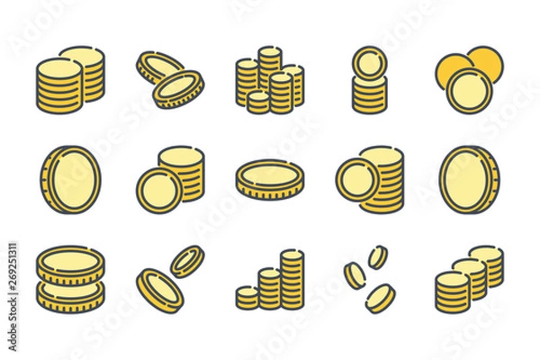 Obraz Stack of coins related color line icon set. Coin colorful linear icons. Money and currency flat color outline vector sign collection.
