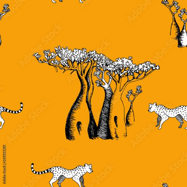 Fototapeta Baobabs, cheetah on yellow backgraund seamless pattern safari style, exotic