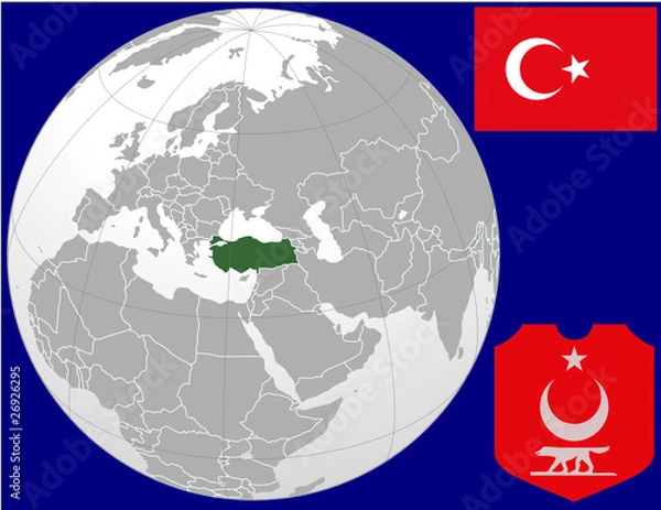 Obraz Turkey globe map locator world flasg coat