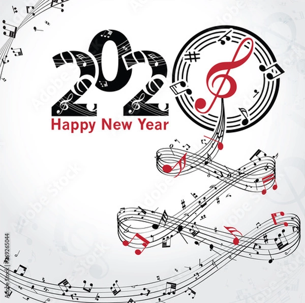 Fototapeta Musical Happy New Year background with notes 2020