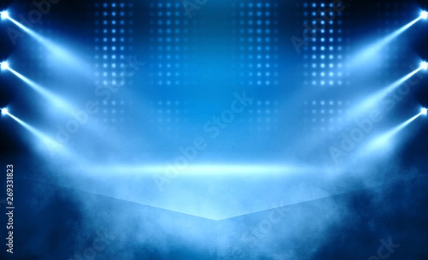 Fototapeta Background of empty stage show. Neon light and laser show. Laser futuristic shapes on a dark background. Abstract dark background with neon glow