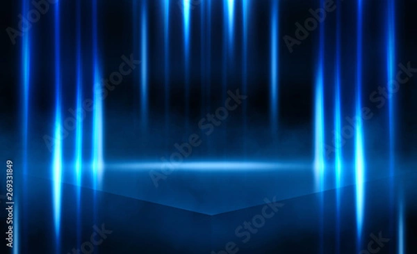 Fototapeta Background of empty stage show. Neon light and laser show. Laser futuristic shapes on a dark background. Abstract dark background with neon glow