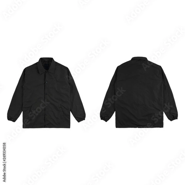 Fototapeta Blank plain windbreaker jacket black color front and back side view isolated on white background. ready for your mock up design project.
