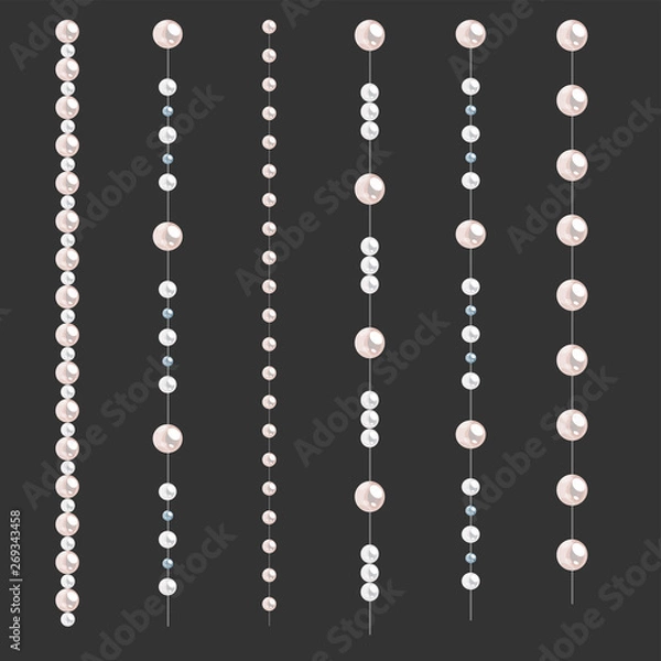 Fototapeta Set of pearl borders isolated on gray background. Vector dividers for decoration, wedding invitation or greeting cards, banners.