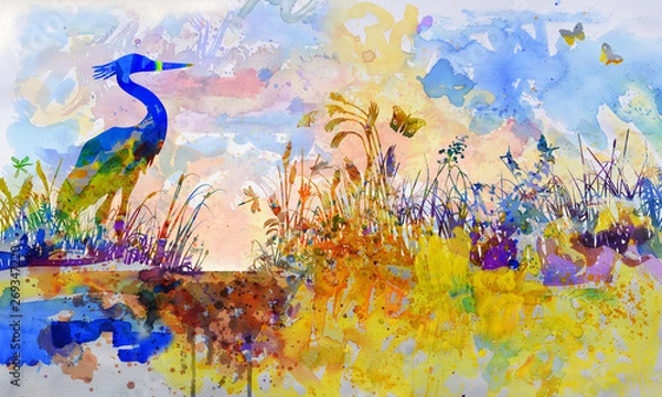 Fototapeta Aquarell mit einem Reiher im dichten Schilf an einem See