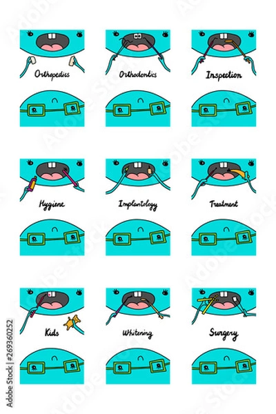 Obraz Big dentistry set hand drawn vector illustrations in cartoon style. Hygiene inspection treatment kids surgery implantology orthodontics orthopedics