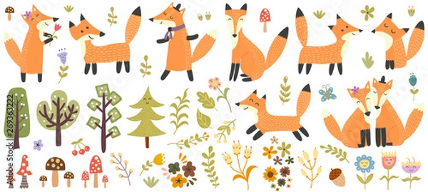 Fototapeta Big set of cute foxes, trees and plants. Forest elements collection