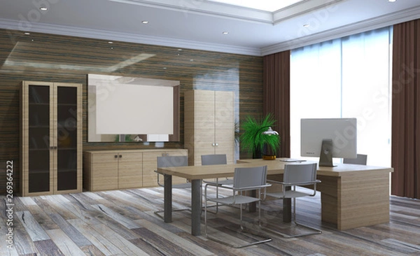 Fototapeta modern office with wooden walls and a large window. business background. 3D rendering. Blank paintings.  Mockup.