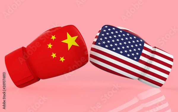 Fototapeta Realistic boxing gloves CHINA Vs USA flags facing each other isolated on white background. 3d illustration 