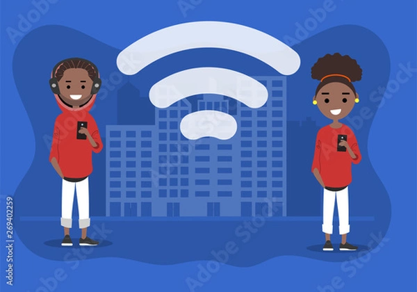 Fototapeta Young characters using wi-fi in the street.Wireless icon.Flat cartoon design