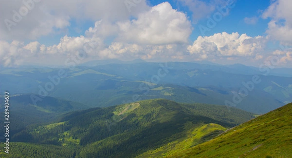 Fototapeta Hiking with a tent through Petros to Hoverla, Lake Nesamovite, Mount Pop Ivan Observatory.