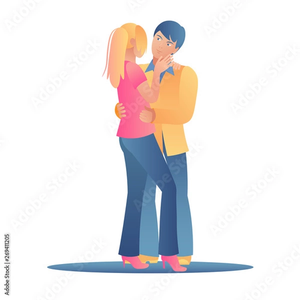 Obraz A young pair of lovers gently hug each other on a white background. A man holds a woman by the waist, the girl strokes the guy on the cheek. Gentle pastel colors, gradient flut vector illustration