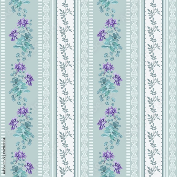 Obraz Tropical flowers and leaves and vertical border of twigs with leaves. Seamless pattern