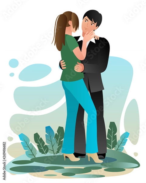 Obraz A young guy holds his girlfriend by the waist, a woman gently strokes a man's cheek. A pair of lovers cuddle on the green lawn. Template, flat design, vector illustration.