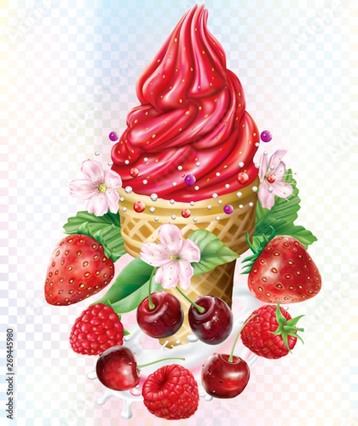 Fototapeta Icecream with cherry, strawberry, raspberry