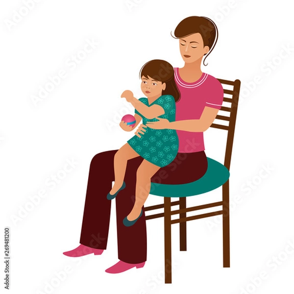 Obraz A young mother sits with a small child in her lap. A woman with a cute daughter in her arms is sitting on a chair. Flat style, white background, vector illustration.