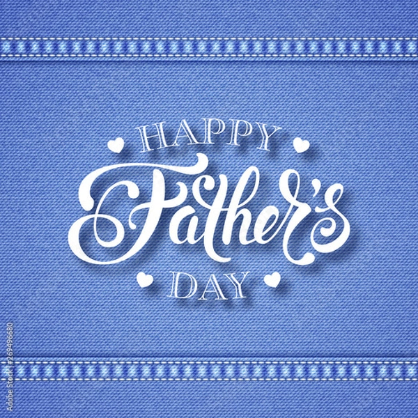 Fototapeta Fathers day greeting card. Handwritten message on blue denim background with stitches