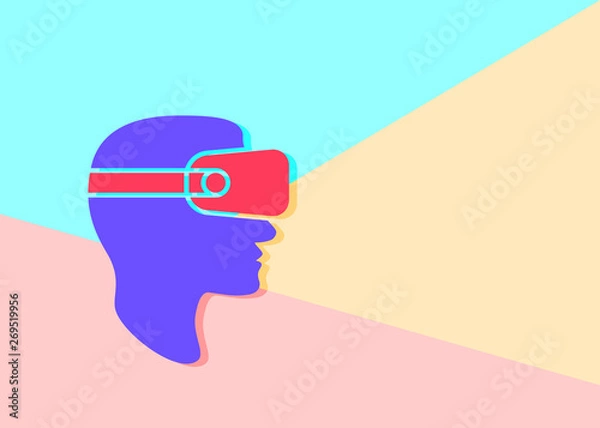 Fototapeta flat lay modern minimal man head in virtual reality glasses icon with shadow on pastel colored blue and pink background