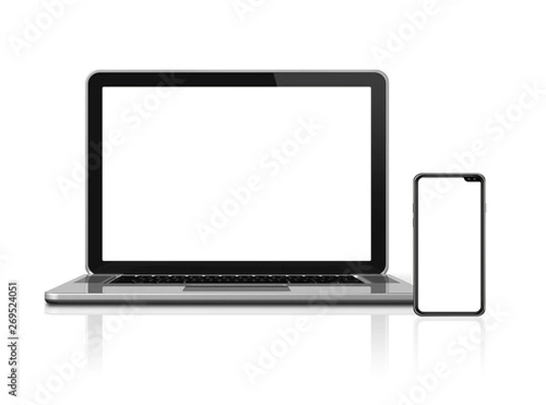 Fototapeta Laptop and smartphone set mockup isolated on white. 3D render