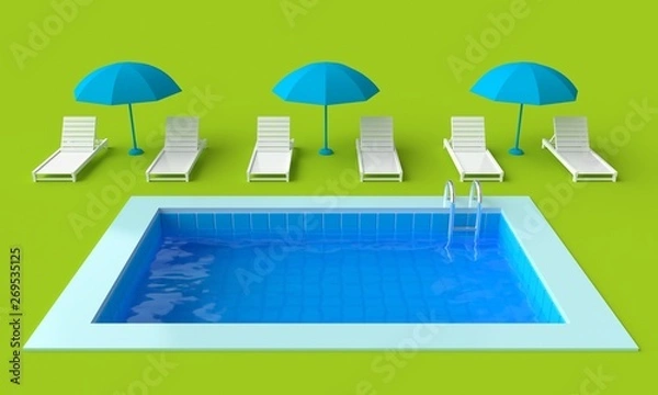 Fototapeta Swimming pool with Beach chair and umbrella. 3d rendering