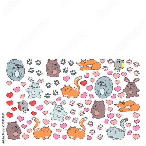 Fototapeta Vector set of beautiful round icons in the form of wild animals for children and design, print, cat ,bear, fox, bird ,hare or rabbit. Round animals with caption on white background.