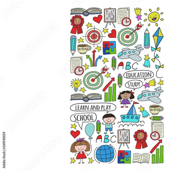 Fototapeta Vector set of learning English language, children's drawing icons in doodle style. Painted, colorful, pictures on a piece of paper on white background.