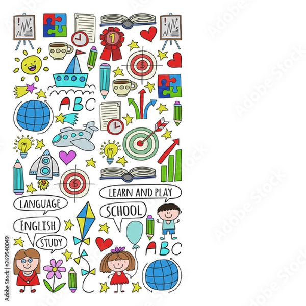 Obraz Vector set of learning English language, children's drawing icons in doodle style. Painted, colorful, pictures on a piece of paper on white background.