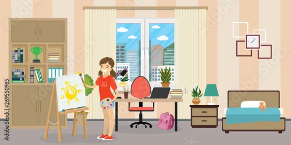 Fototapeta Teen room interior.Cute caucasian schoolgirl teen with easel,brush abd paints