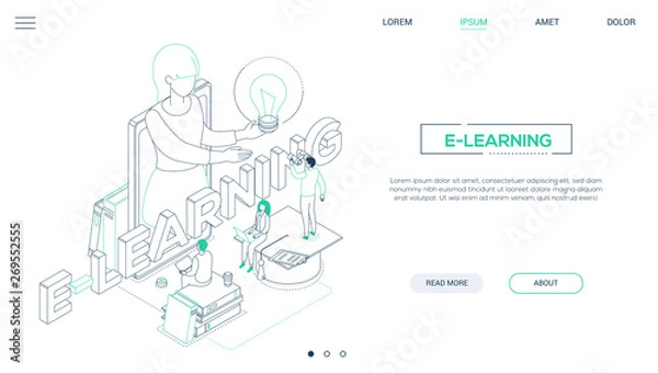 Fototapeta E-learning concept - line design style isometric web banner