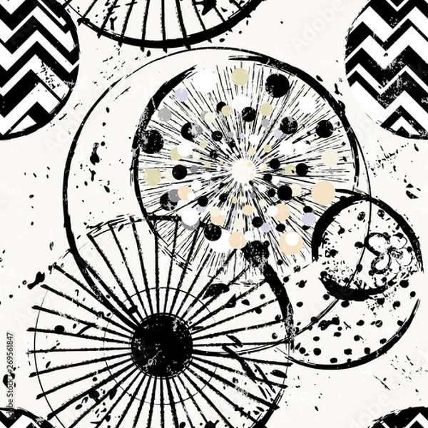 Fototapeta seamless background pattern, with circles/dots, lines, strokes and splashes, black and white