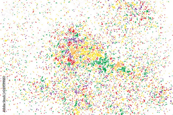 Fototapeta White background with many falling tiny round random confetti, glitter and serpentine pieces blow and sprayed on white background. Isolated.