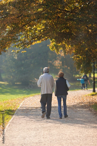 Obraz Senior citizen couple taking a walk in a park during autumn morning.