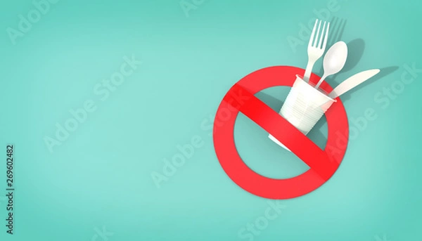 Fototapeta Glass, fork, knife and plastic spoon with prohibition symbol. Garbage and environmental protection, environmental pollution