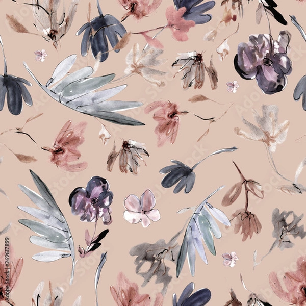 Fototapeta Seamless abstract watercolor floral pattern. Hand drawing ink. Fashionable floral design. Background for textile, paper and other print and web projects.
