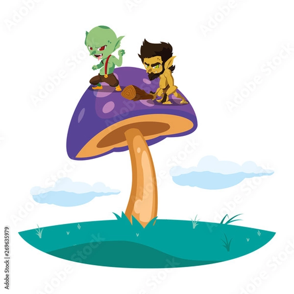 Fototapeta ugly troll with caveman gnome in the camp magic characters