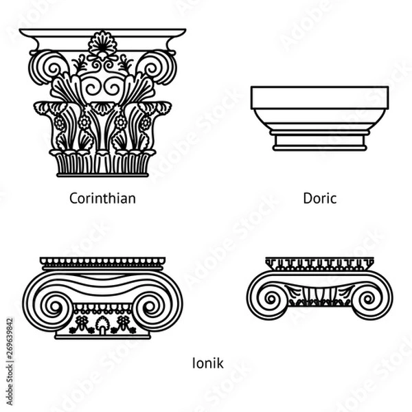Fototapeta Antique set of Greek historical capitals for Calon: Ionic, Doric and Corinthian capitals Vector line illustration