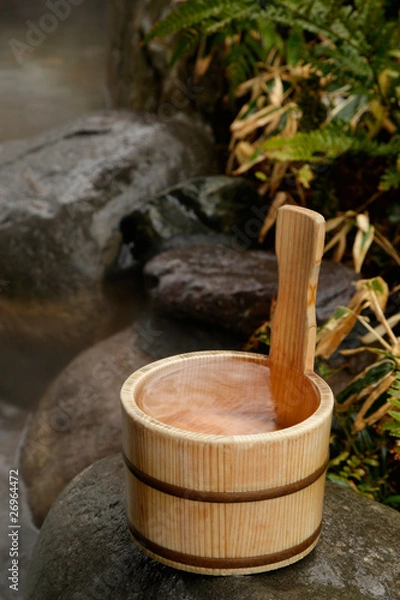 Obraz 露天風呂と木桶