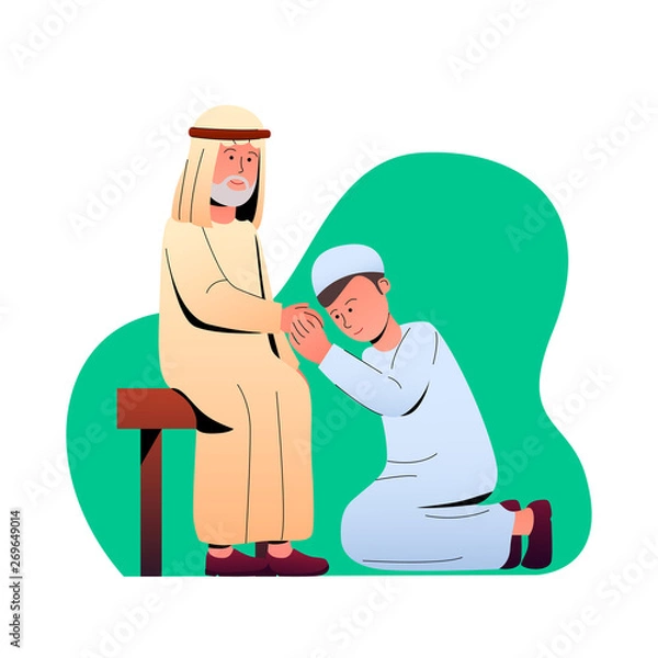 Obraz Children Apologize to Parent, Eid Mubarak Tradition Forgive Each Other Illustration Cartoon