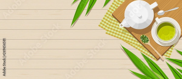 Fototapeta Panoramic banner background with copy space. Set of herbal tea on wooden plate and clothes surround with pandan leaves on rustic wood table. Top view flat lay design vector illustration.